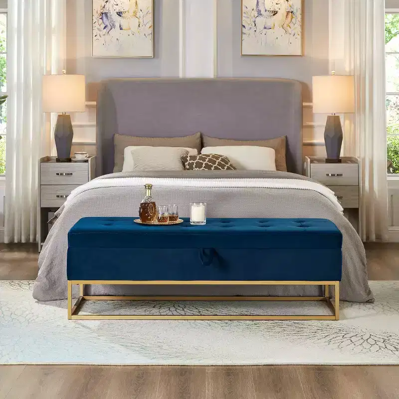 58.6 Storage Bed Bench, Uphollstered Bench with Metal Base for Bedroom Living Room Hallway Blue