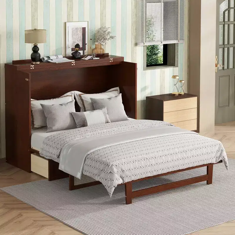 Queen Size Murphy Bed, Pine Wood Cabinet Bed with Rattan Decoration and Storage Drawer, Walnut