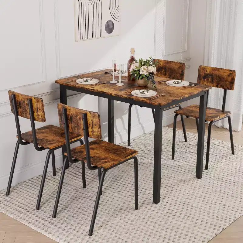 Dining Table Set for 4, 5-Piece Kitchen Table and Chairs, Rectangular Dining Room Table Set with 4 Chairs, Space-Saving Kitchen Table Set