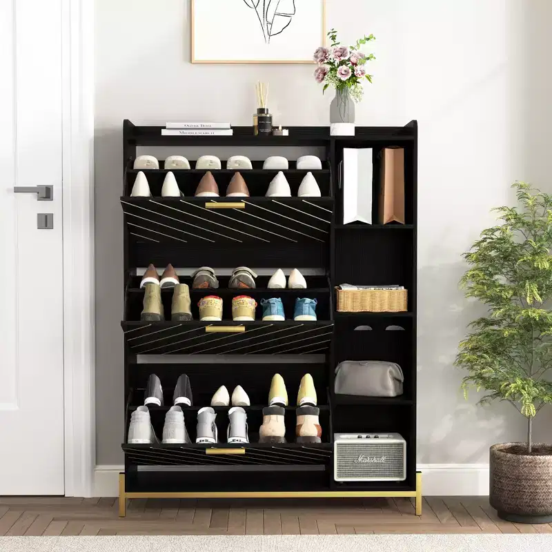 Modern Shoe Cabinet with 3 Flip Drawers & Open Shelves Wood Freestanding Shoe Organizer 4M