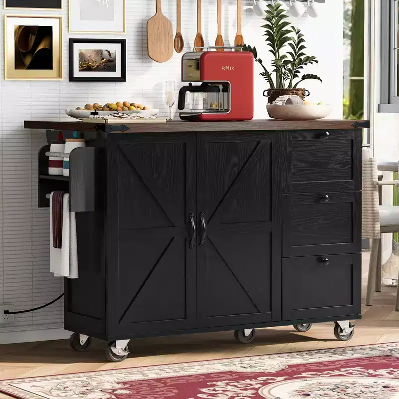 JVNOXK-54.5-inch Farmhouse-Style Kitchen Island with Power Outlet, Built-in Storage Shelves, and Black Wheeled Kitchen Cart