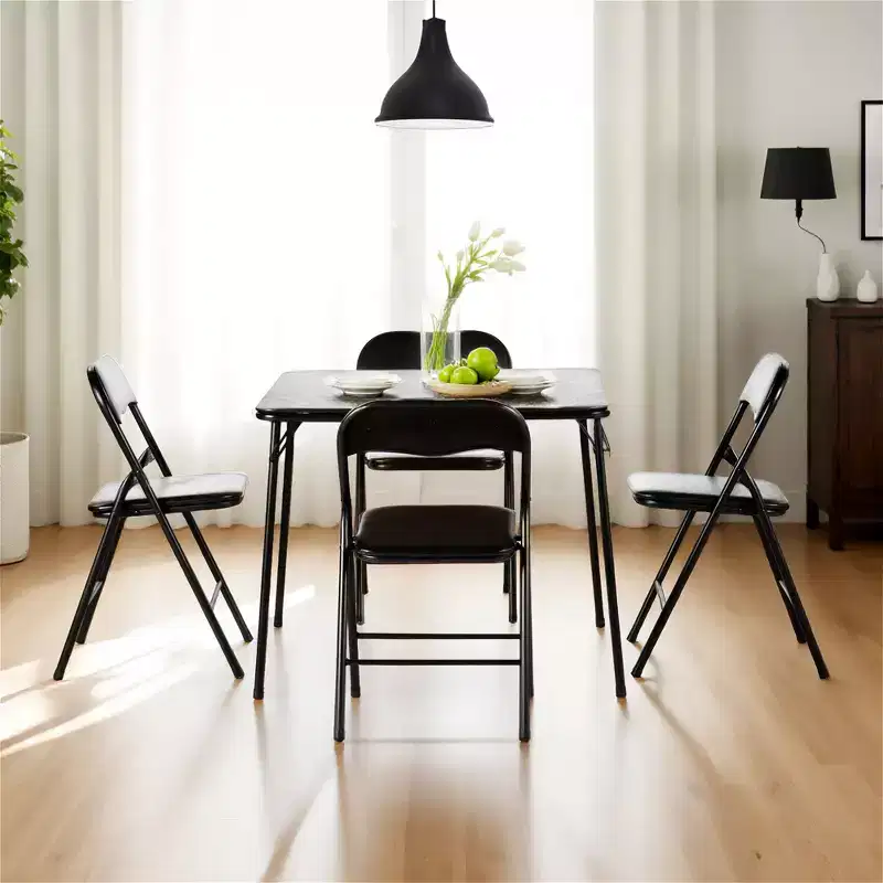 FurnitureR 5-Piece Folding Table and Chair Set  Portable Square Table with 4 Padded Chairs, Space-Saving Dining or Card Game Set for Home, Black