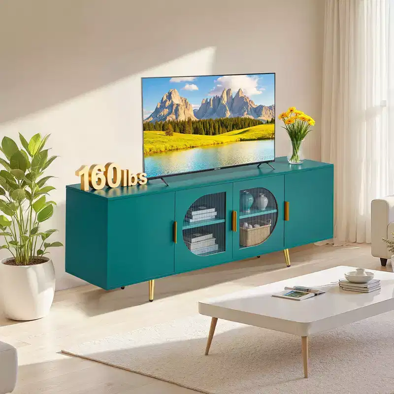 TV Stand for TVs up to 75 in Modern Entertainment Center with Glass Doors, Adjustable Shelves and Gold Legs