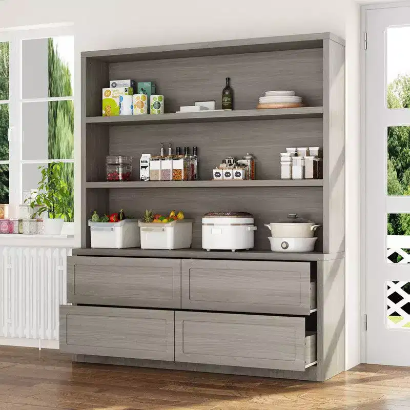 Minimalist Light Gray Kitchen Storage Cabinet,Pantry Organizer,Open Shelves+Drawers for Organized Pantry/ Dining Room