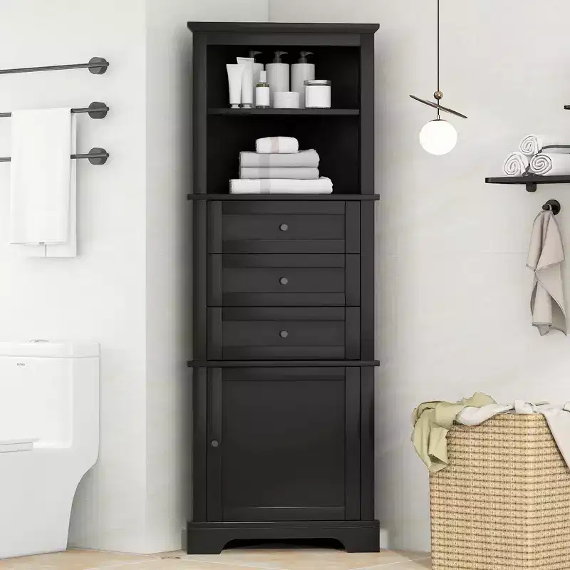 Whisen Triangle Bathroom Storage Cabinet Corner Cabinet with 3 Drawers and Adjustable Shelves