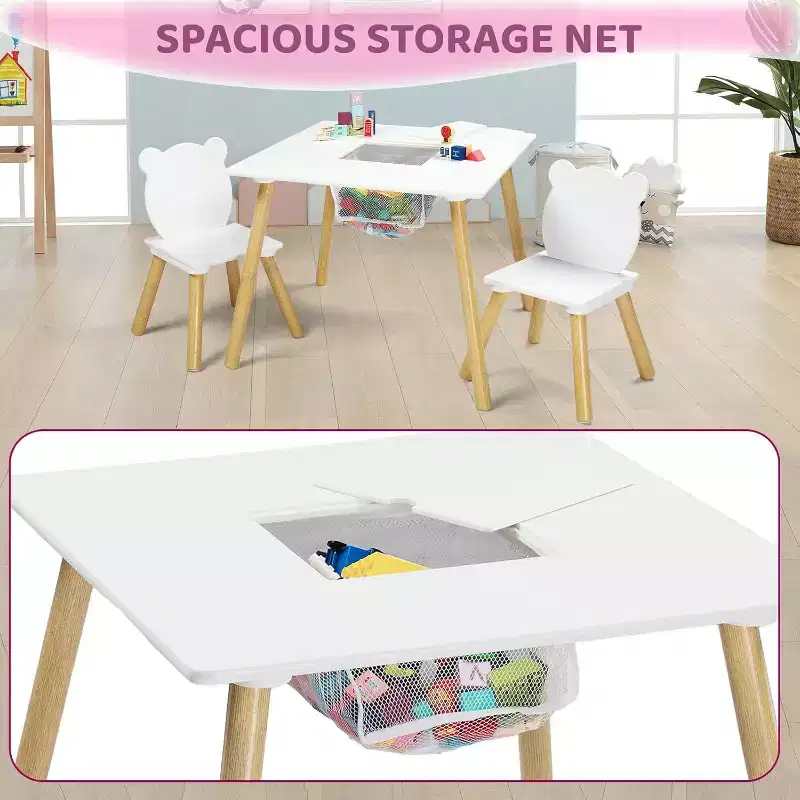 JOYMOR 3-in-1 Kids Table & 2 Chairs Set with Panda Ear Chairs, Removable Top & Storage for Ages 2-5