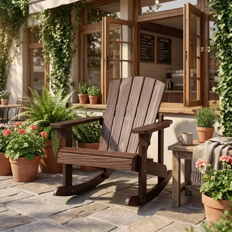 Gymax Childs Outdoor Adirondack Rocking Chair with Solid Wood Slatted Seat and Backrest Coffee/White