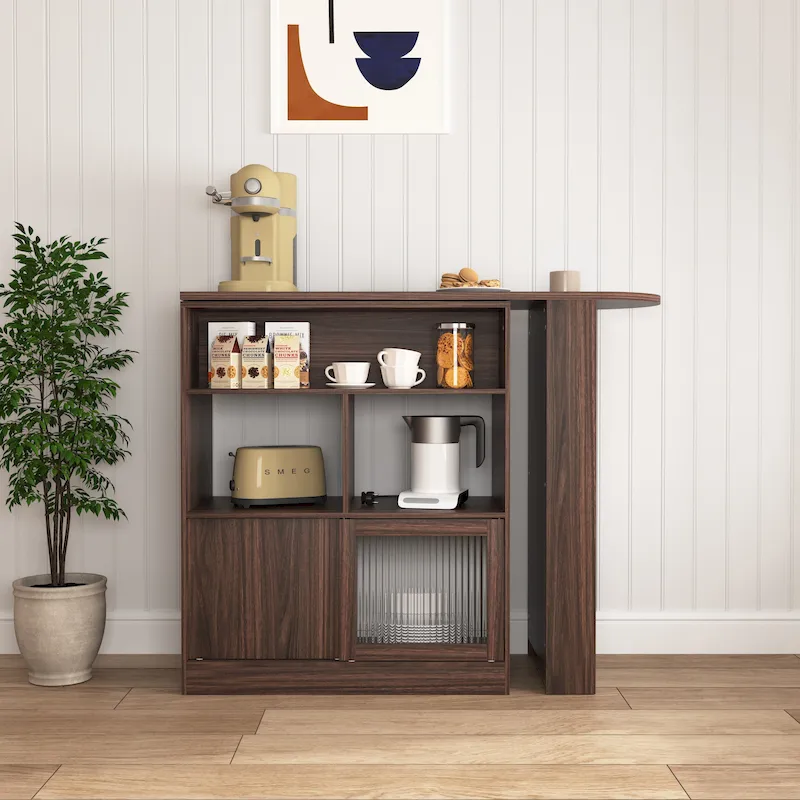 Modern Bar Cabinet with Rotating Top, Counter Height Dining Cabinet with 6 Storage Space and 2 Ribbed Glass Door