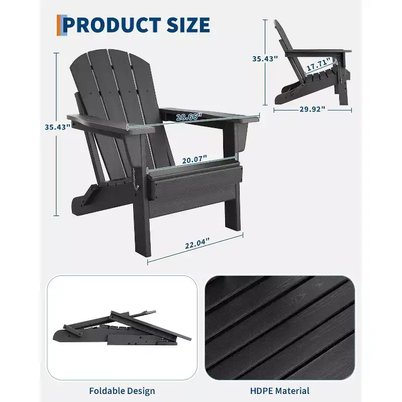 Folding Adirondack Chair with Cup Holder, HDPE Wood Texture Outdoor Chair for Patio, Deck, or Backyard, Supports 380 lbs
