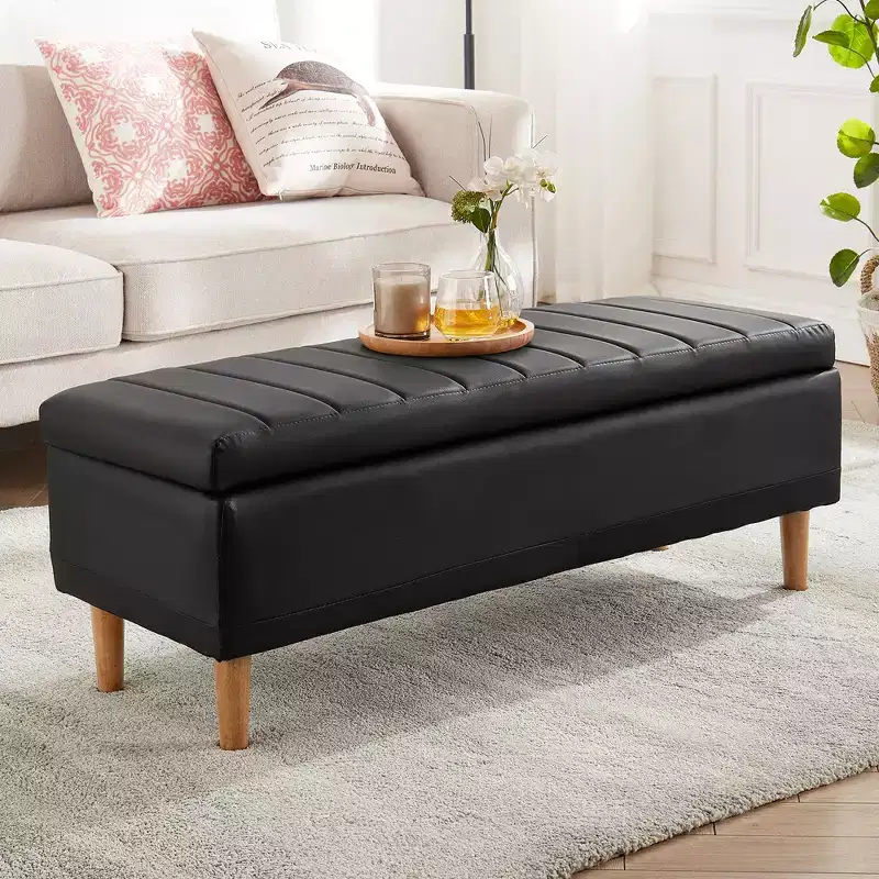 VECELO Modern Soft PU Leather Storage Bench, Ottoman 44 Shoestool with 6.1 Deep Storage Space for Living Room or Bedroom, Easy to Clean, Black