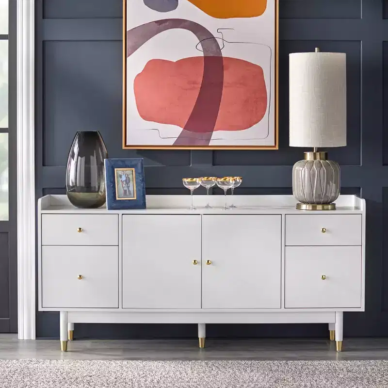 Mid-Century Modern Buffet with 4 Drawers and Adjustable Shelf – White