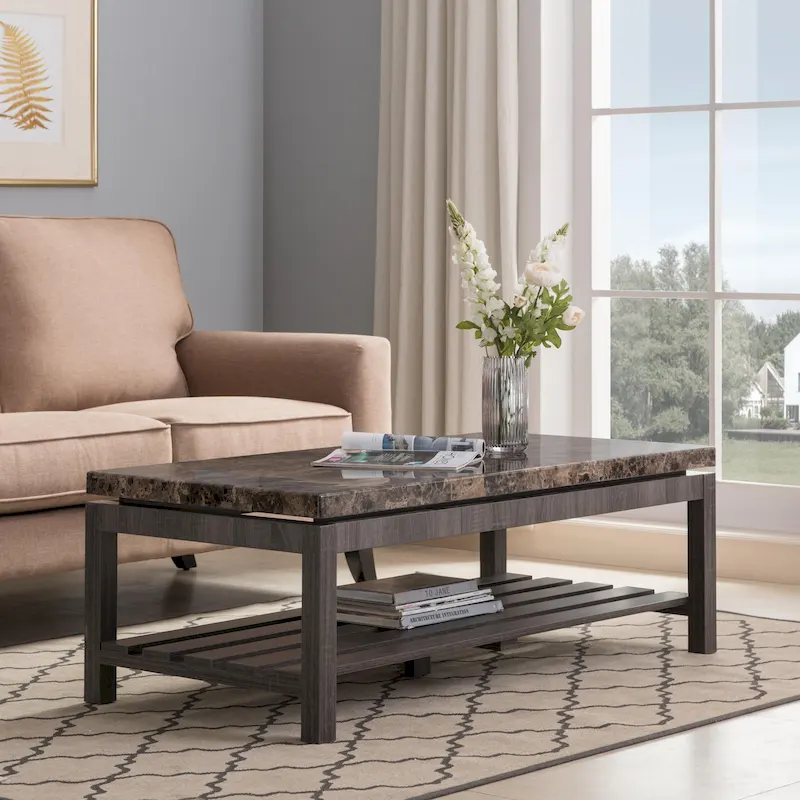 Faux Marble Coffee Table with Slatted Shelf | Two-Tone Finish