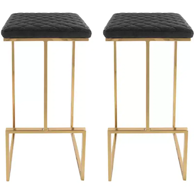 LeisureMod Quincy Set of 2 Bar Stools Upholstered in Leather with Gold Metal Frame, Counter Height Chairs for Kitchen Island