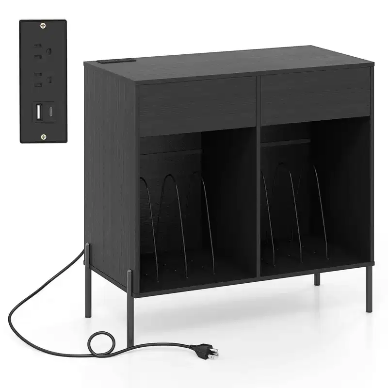 Costway Large Record Player Stand with Charging Station Storage Compartments & 2 Drawers White/Black