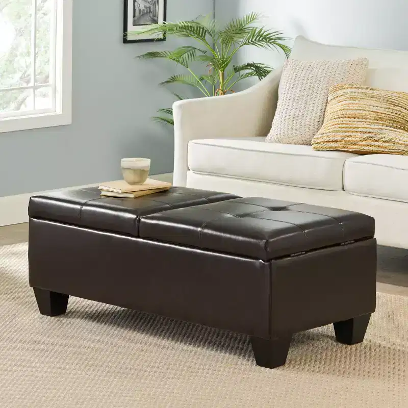Elegent Storage Ottoman with Double Top Doors, Storage Bench with Faux Leather Surface, End Of Bed Bench for Living Room, Bedroom