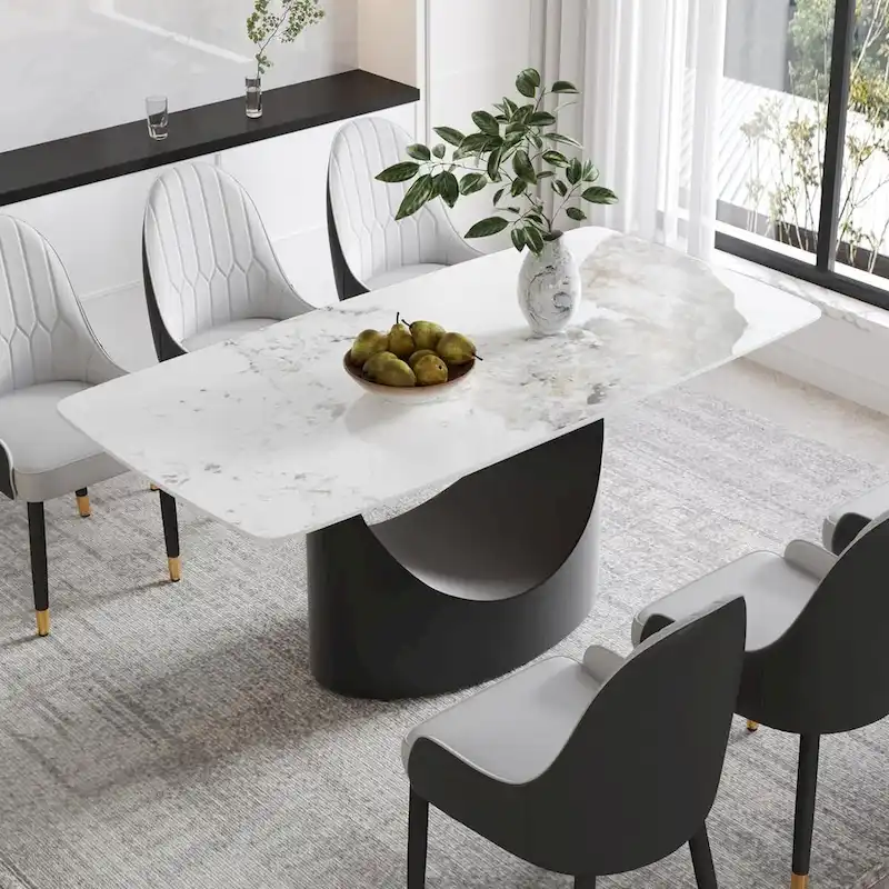 71 Black Marble Sintered Stone Table Top,Rectangle Dining Room Table with Unique U-Shape Black Carbon Steel Pedestal