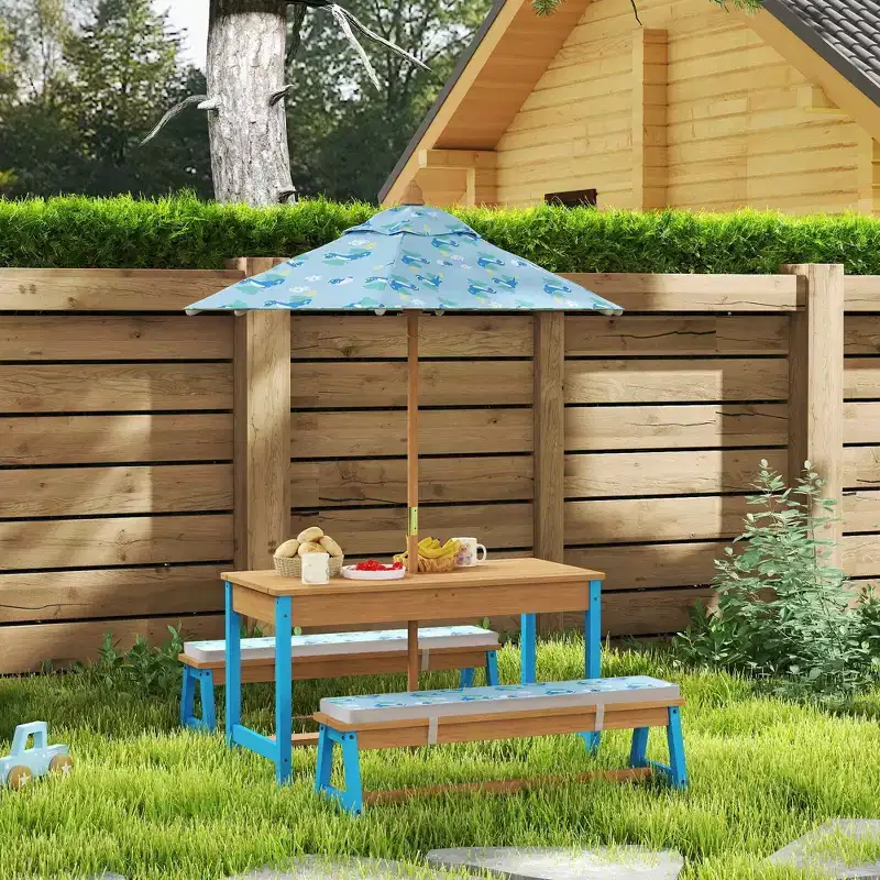 Qaba Kids Picnic Table, Wooden Table and Bench Set with Foldable Umbrella, Removable Cushions & Boxes, for Patio