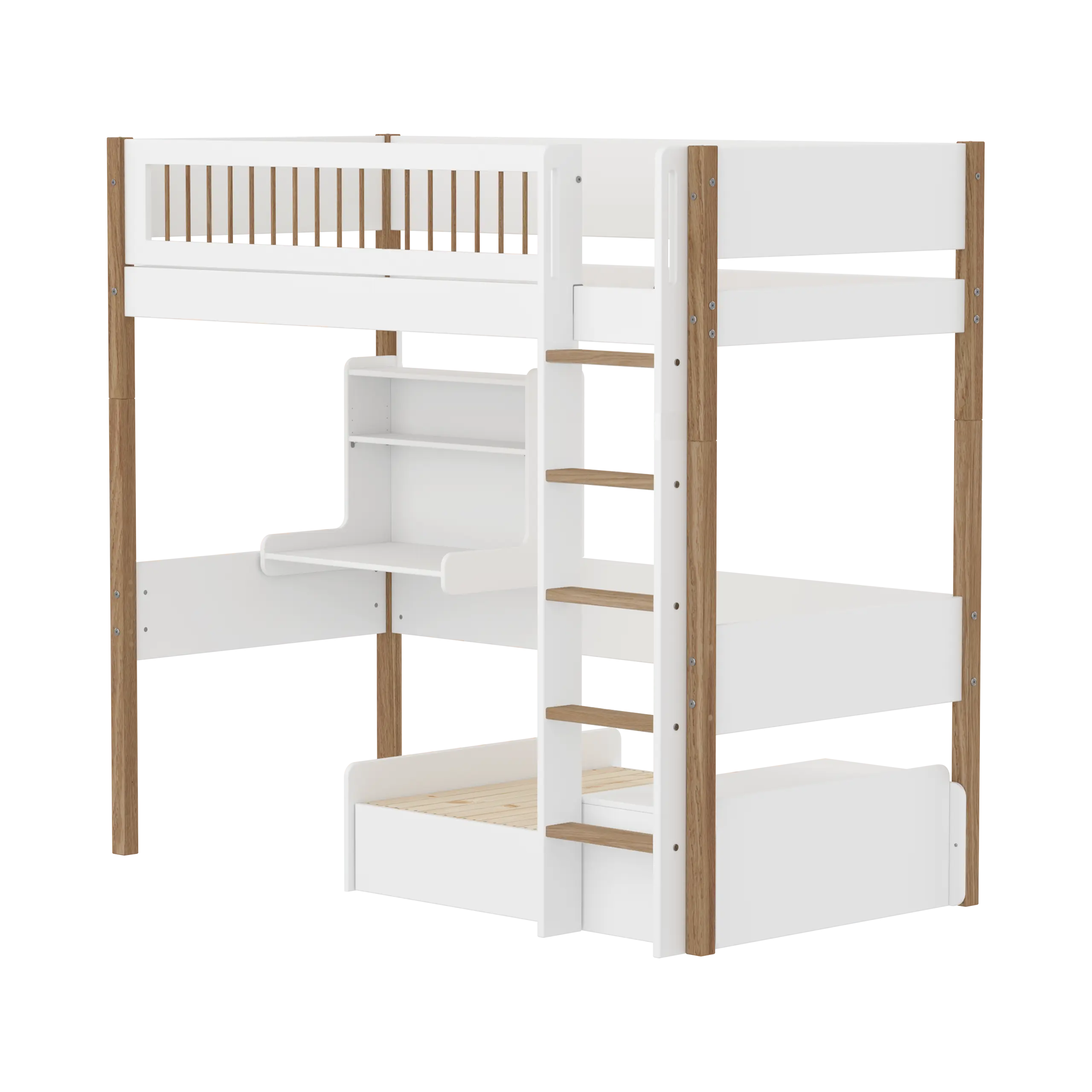 High Bed 184 cm with Sofa, Desk, Ladder and Safety Rail, 90x200 cm, White/Oak