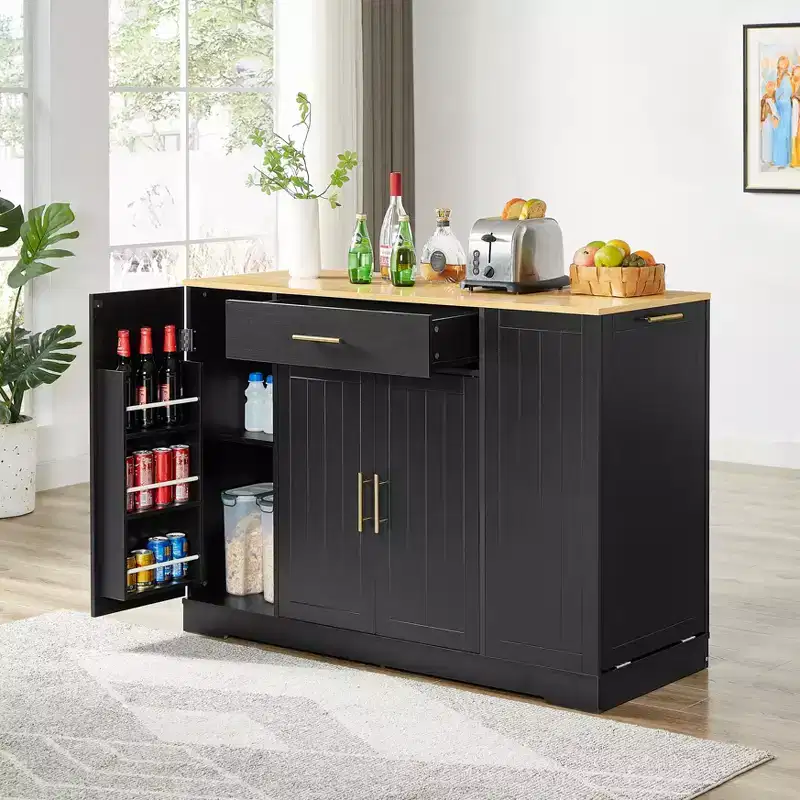FAMYYT Black Wood Top 53.2 in. Kitchen Island Cart with Hidden Trash Can Cabinet, Adjustable Shelves, and Drawer
