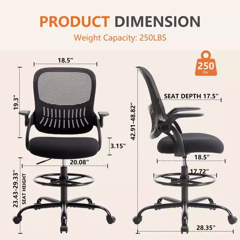 Ergonomic Office Chair for Standing Desk, Adjustable Height, Movable Armrest, Black