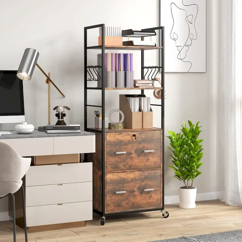 Mobile File Cabinet with 2 Drawers and Open Shelves