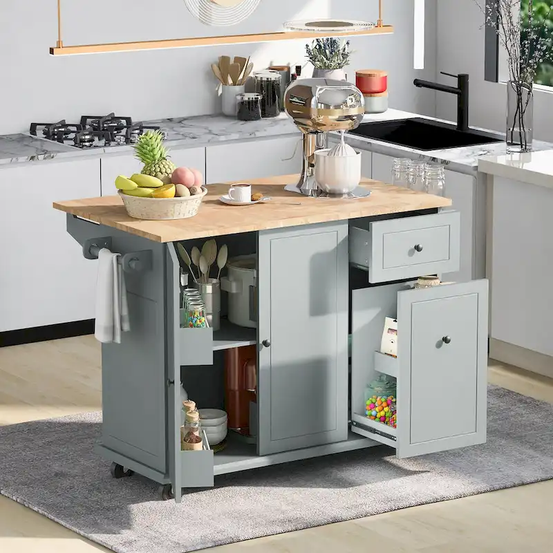 53.9 Width Rolling Kitchen Island with Drop Leaf and 3 Tier Pull Out Cabinet