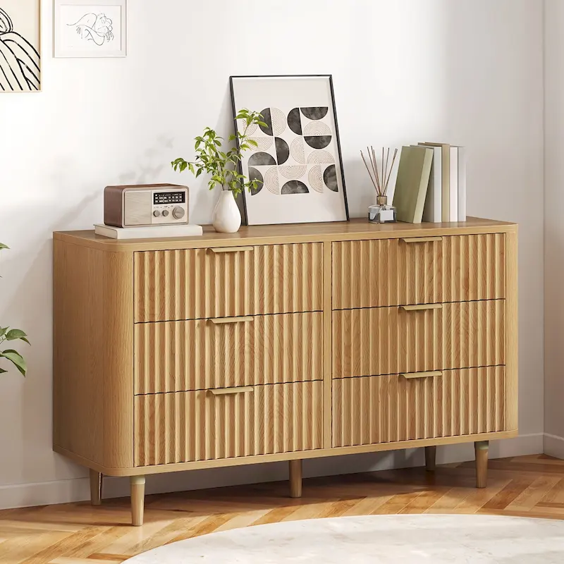 6 Drawer Dresser Wood Storage Dresser Organizer with Waveform Fluted Panel