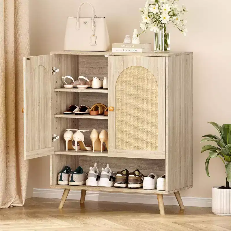 4-Tier Rattan Shoe Cabinet with Adjustable Shelf for Entryway, Freestanding Shoe Rack for Living Room, Dining Room