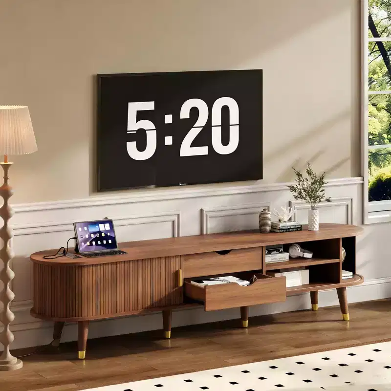 Wooden Oval Fluted TV Stand with Charging Station for TV up to 80