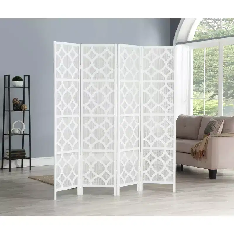 Roundhill Furniture Quarterfoil infused Diamond Design 4-Panel Room Divider, White