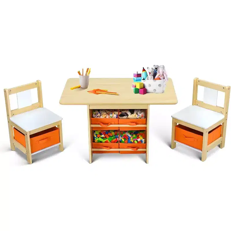 JOYMOR Kids Table & Chairs Set with 6 Drawers, Solid Wood Toddler Activity Desk for Ages 3-8, Natural