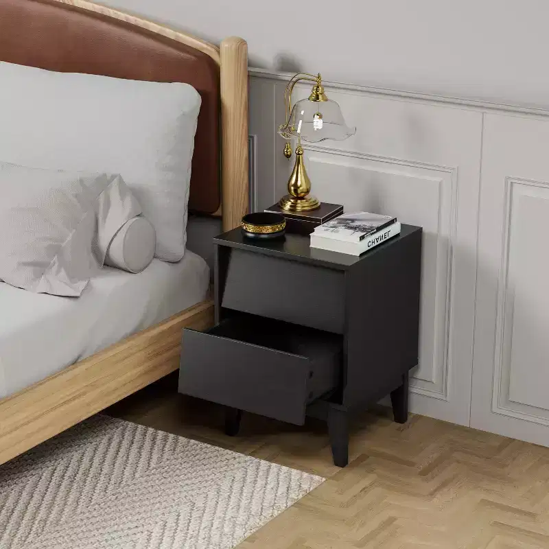 Mid-Century Modern Nightstand LED/Night Light Drawer Storage Solid Wood Set of 2