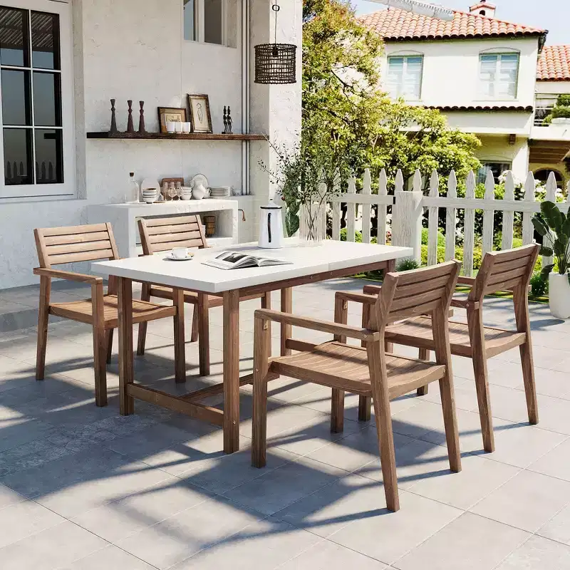 Whisen 5-Piece Outdoor Patio Dining Set with Acacia Wood Table and 4 Chairs, Umbrella Hole, Suitable for Lawn, Garden, Poolside & Indoor
