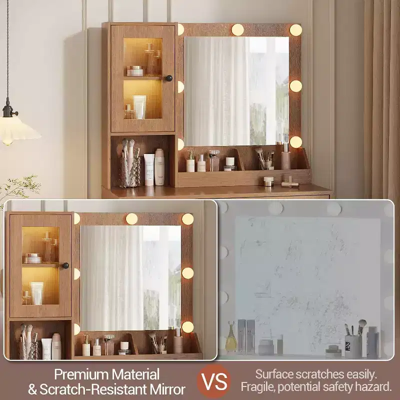 Makeup Vanity Desk with Mirror Adjustable LED Lights, Charging Station, Spacious Drawers Cabinets, Sturdy MDF Top, Metal Legs, Perfect for Bedroom