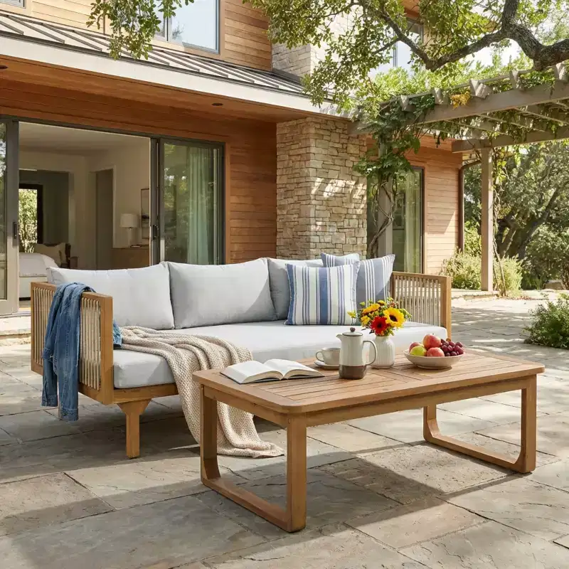 Christopher Knight Home Caleb Patio Modern Acacia Wood 2-Piece Rope 3-Seater Sofa Set with Cushions and Coffee Table
