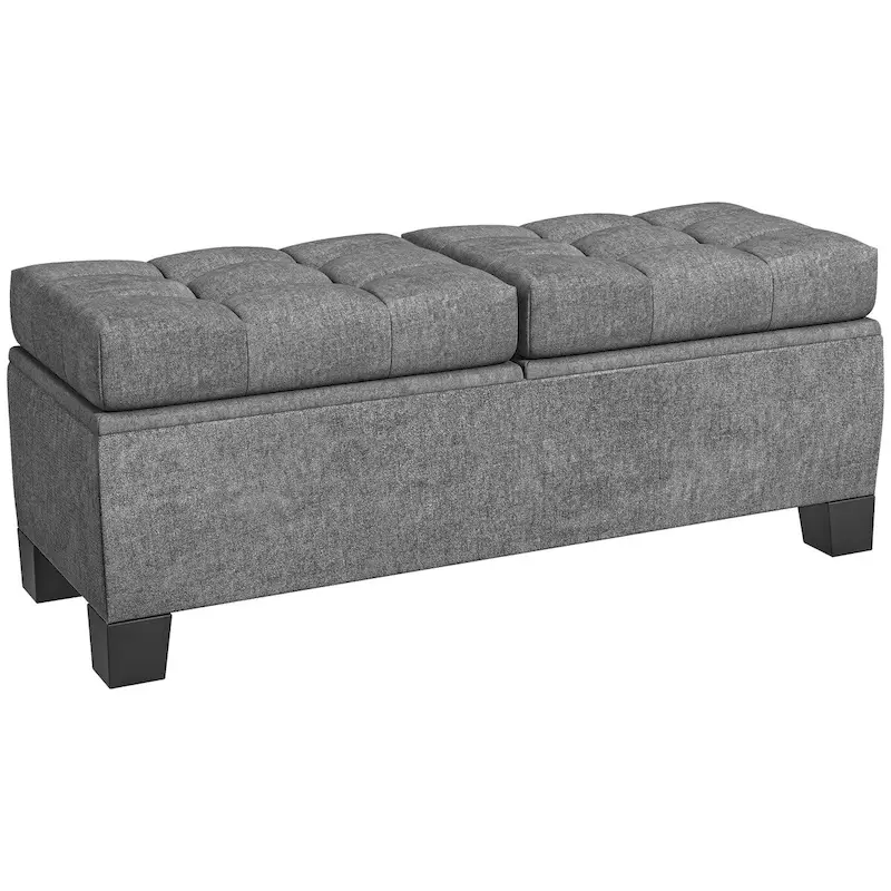 Gray Button-Tufted Storage Bench, Linen, Seats 1