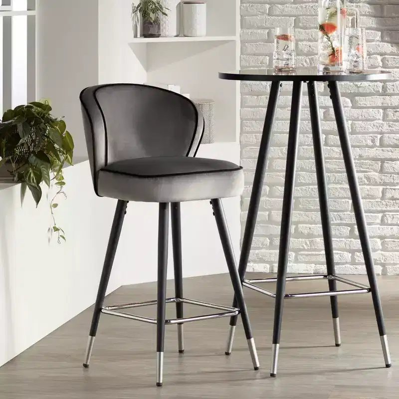 Chrome Metal Bar Stool Black Silver 27 3/4 High Modern Gray Velvet Upholstered Cushion for Kitchen Counter Height Island Home Shed