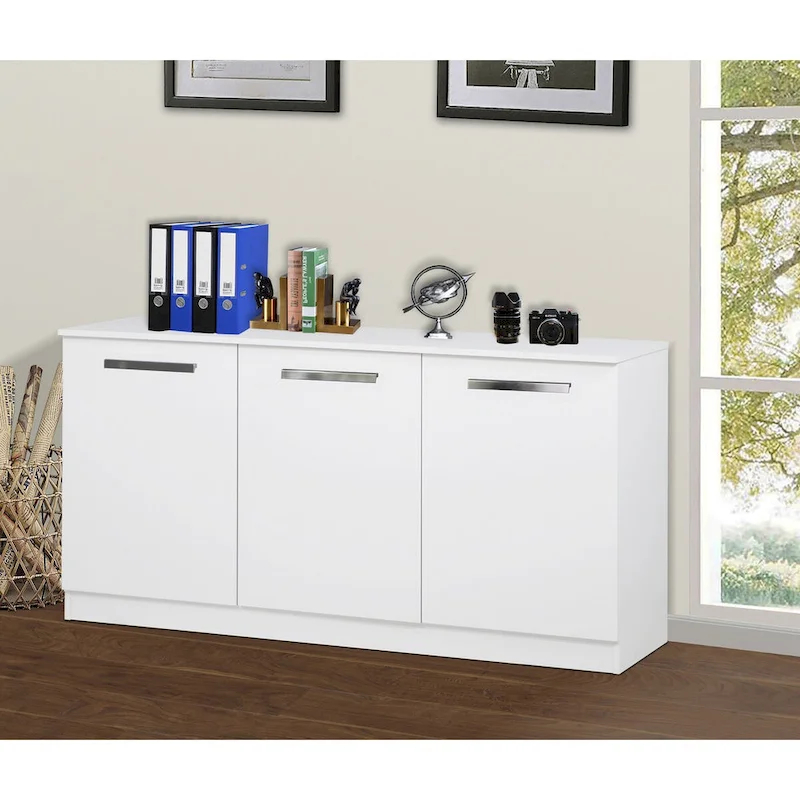 White Wood Grain 3-Door Contemporary Credenza File Cabinet