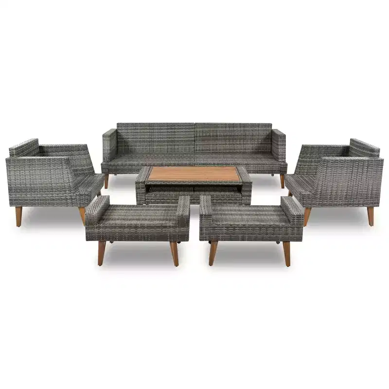 GDFStudio Arthur Patio Modern PE Wicker 6-Piece Conversation Set with Table and Cushions