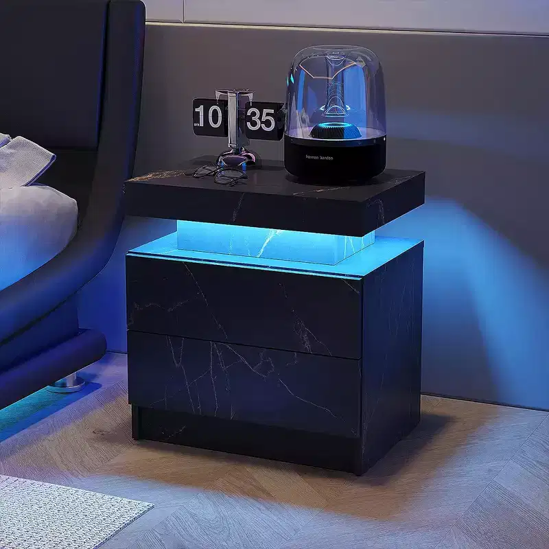 Modern Nightstand with 2 Drawers & LED light, Bedside Table Cabinet End Side for Bedroom Living Room