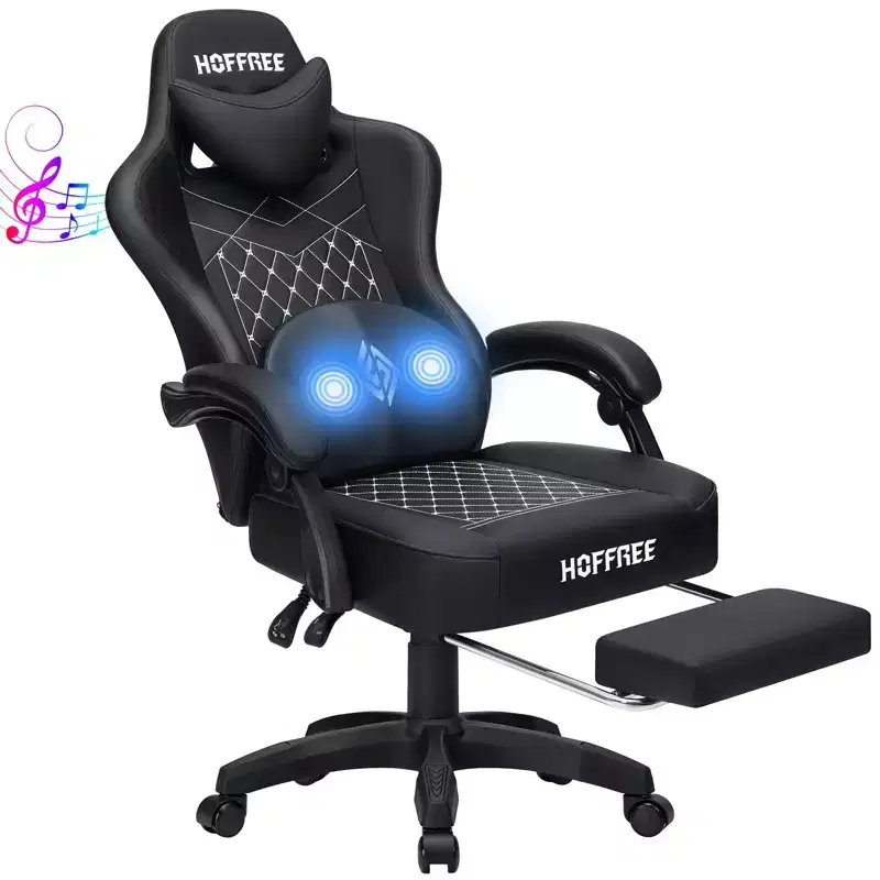 Hoffree Leather Massage Gaming Chair Ergonomic Office PC Chair with Bluetooth Speaker & Footrest