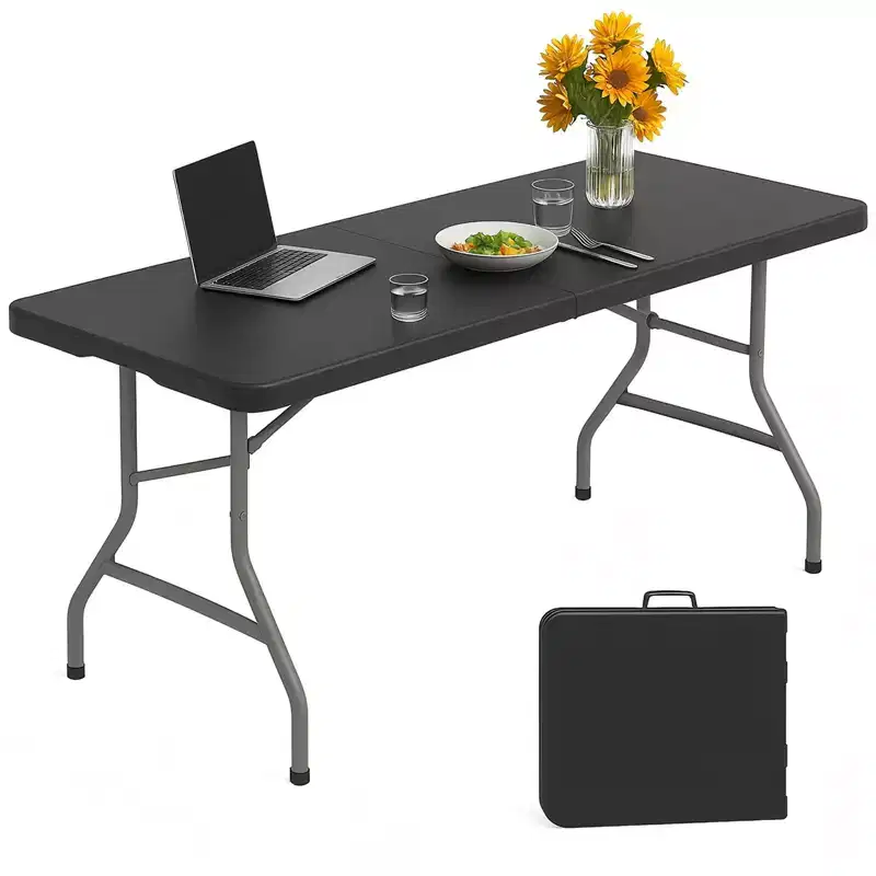 Folding Table 5 Foot Portable HDPE Plastic Indoor Outdoor Rectangular Table with Steel Legs Black