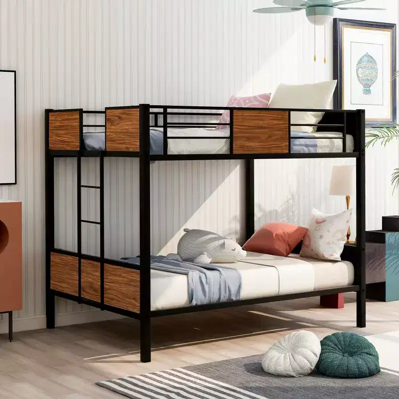 Full Over Full Bunk Bed Modern Style Steel Frame Bunk Bed With Safety Rail Built In Ladder For Bedroom