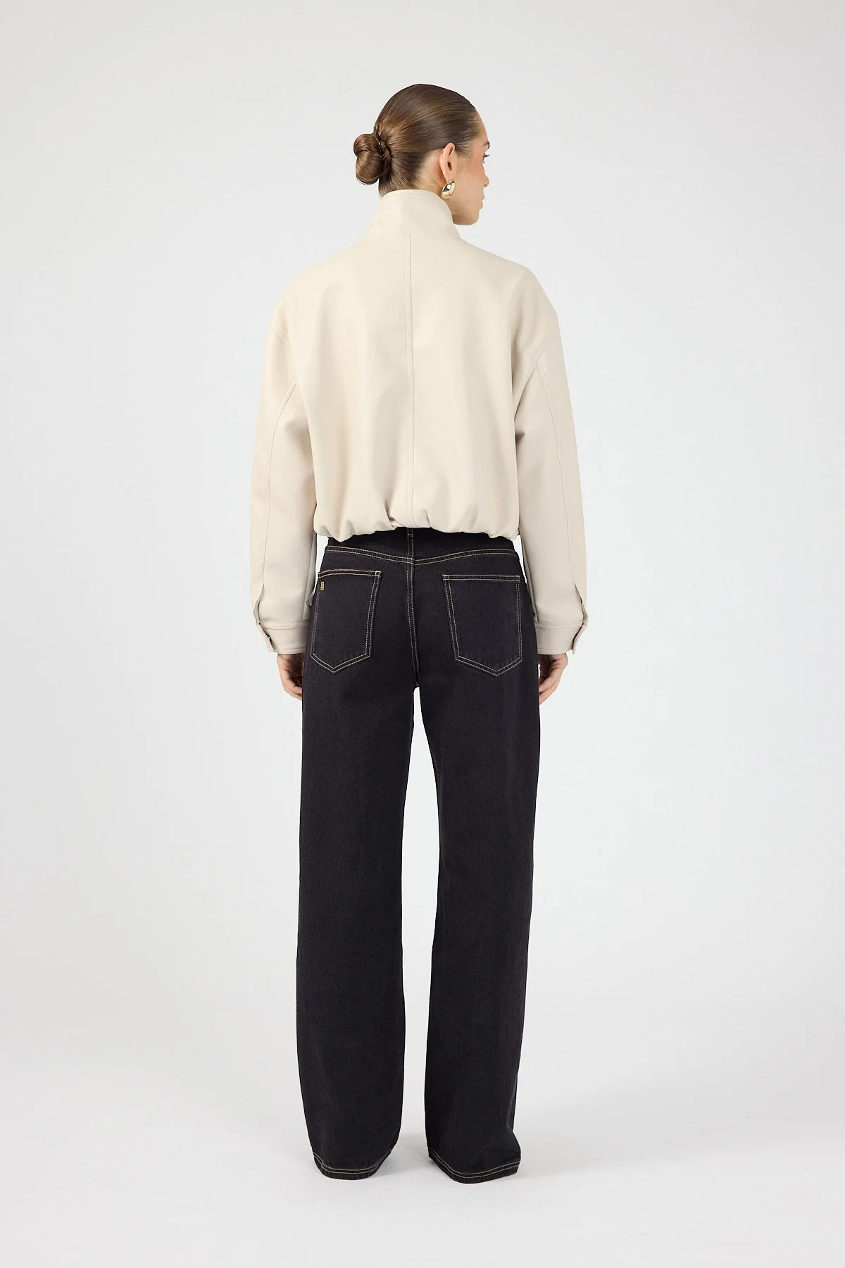Funnel Neck Faux Leather Bomber Jacket Stone