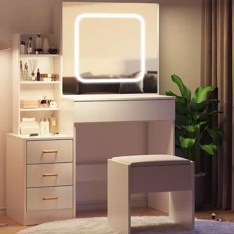 Makeup Vanity Desk With Sliding Mirror, Vanity Desk With Mirror, Dressing Table with 3 Color Adjustable Light and 4 Drawers, Stool, White