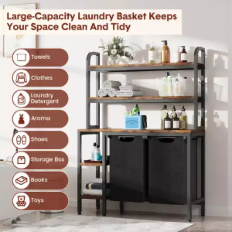3-Tier Wood & Metal Laundry Basket Rack