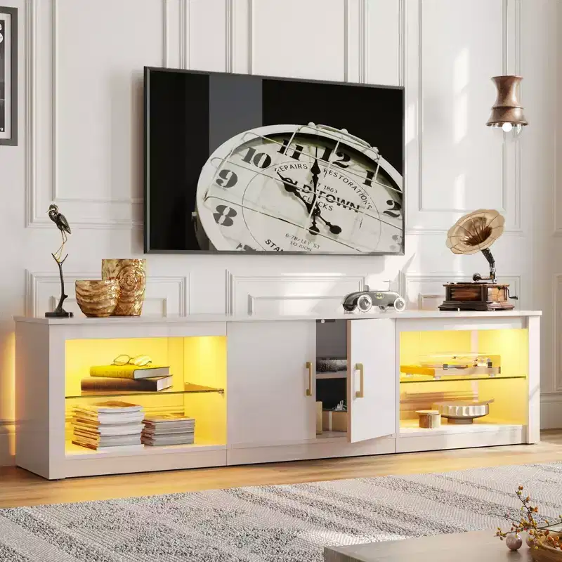 Bestier 70 LED TV Stand for TVs up to 75, Entertainment Center Media Console with Adjustable Tempered Glass Shelves & Closed Storage for Living Room