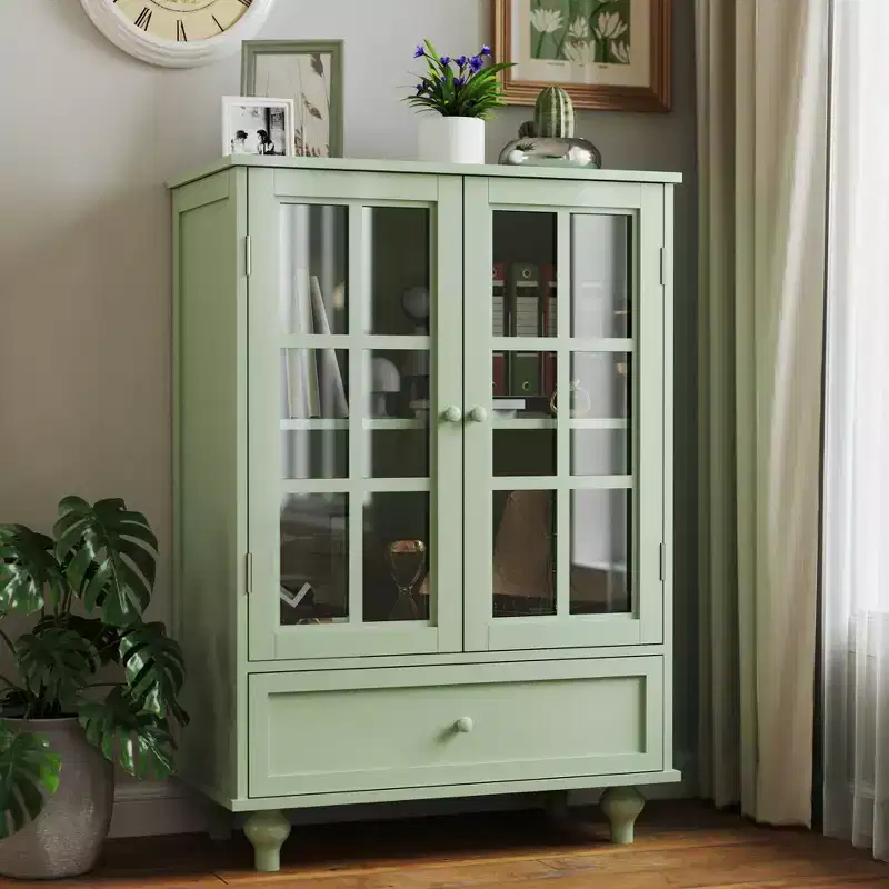 Storage Cabinets, Wooden Floor Cabinet with 1 Drawer and 2 Glass Doors, Farmhouse Sideboard Buffet Cabinet with Storage for Living Room