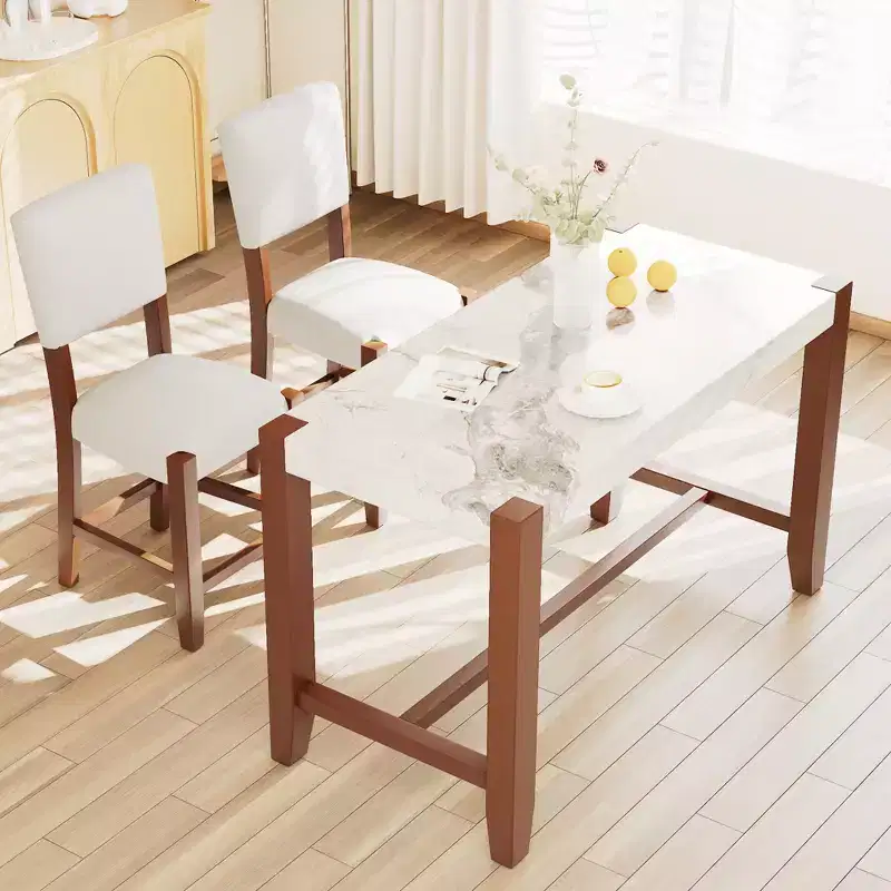 3/5-Piece Counter Height Dining Table Set, Faux Marble Table & Upholstered Chairs with Rubber Wood Legs, Brown - ModernLuxe