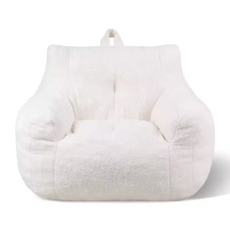 3ft Memory Foam Bean Bag Chair with Armrests & Storage Pocket, White Teddy Velvet